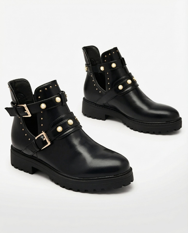 Royalfashion Черни дамски ботуши с украса и плосък ток Pearl Elegance