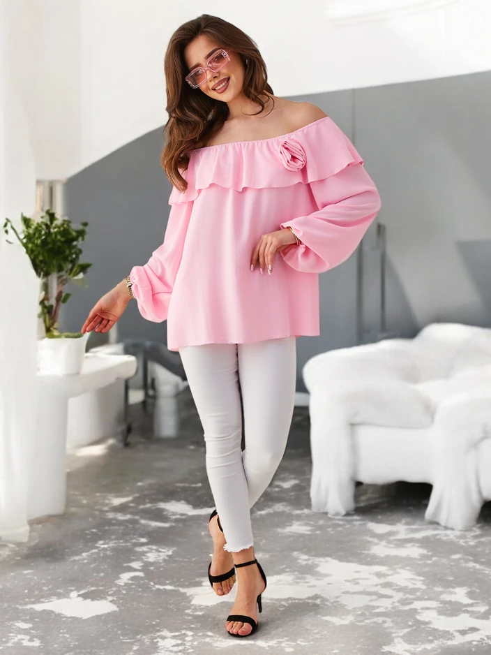 Royalfashion дамска блуза без рамене с ръбове и цветя