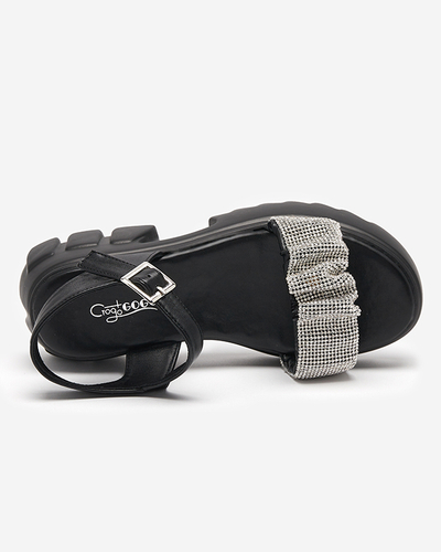 Czarne damskie sandały z cyrkoniami Pokio- Obuwie