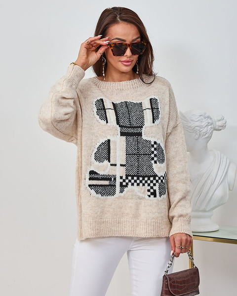 Royalfashion Бежов дамски пуловер с плюшено мече