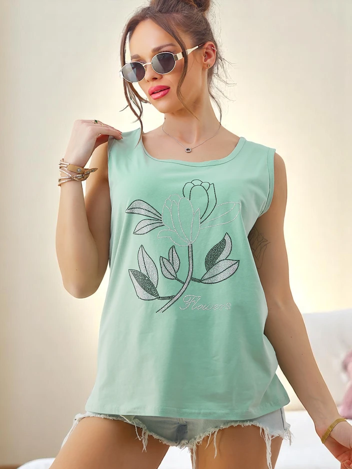 Royalfashion Дамски памучен потник с камъни Цветя