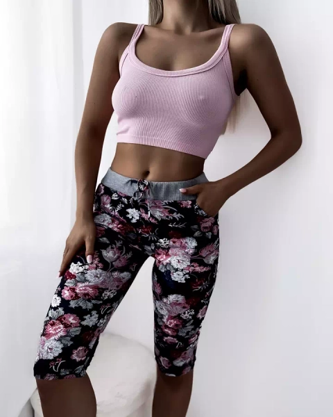 Bordowe damskie spodenki 3/4 z kwiatowym wzorem PLUS SIZE - Odzież