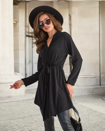 Czarna damska wiązana narzutka kardigan - Odzież