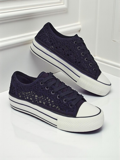 Дамски кецове Aureliana Тъмносини от ажурна тъкан с равна подметка