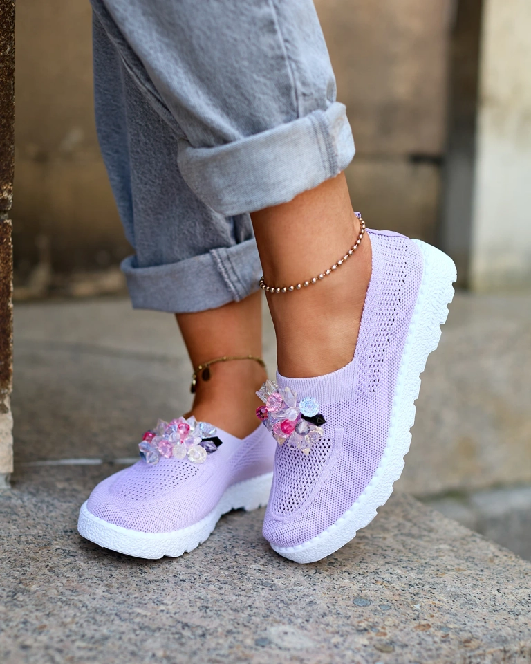 Royalfashion Лилави дамски мокасини от плат с кристали Fezens