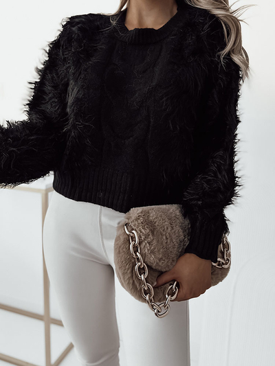 Royalfashion Черен дамски пуловер с къса плетка