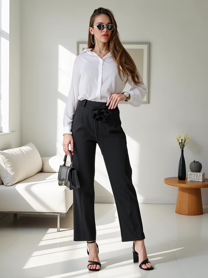 Кралска мода Вискозни права дамска панталона с цвете