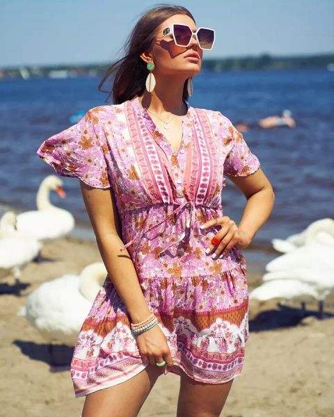 Royalfashion Лятна розова къса дамска рокля