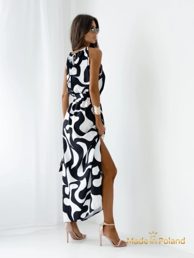 Royalfashion Дамска миди рокля с презрамки, с колан и геометричен мотив