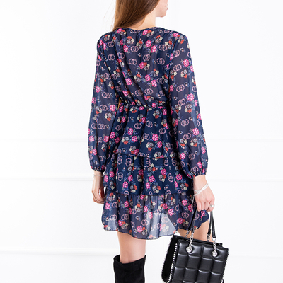 Granatowa damska sukienka w kwiaty - Odzież