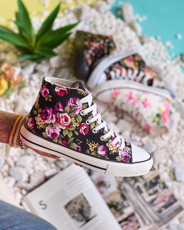 Royalfashion Дамски високи черни маратонки с флорален десен Soxic