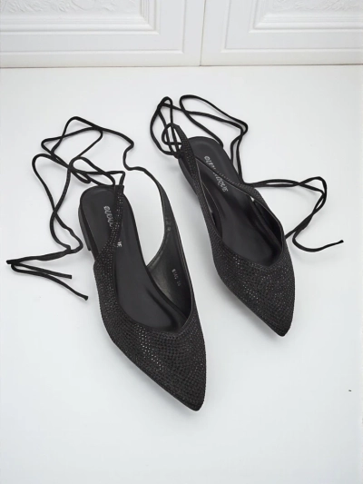 Сандали Damiane Nero - Черни балеринки с връзки от плат, плосък ток