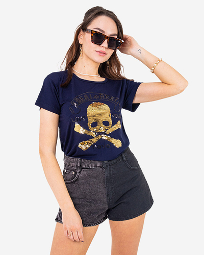 Granatowy damski t-shirt z cekinami i napisami - Odzież
