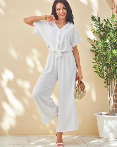 Royalfashion Женски комплект с вързан къс ръкав и разкроени панталони с камъчета