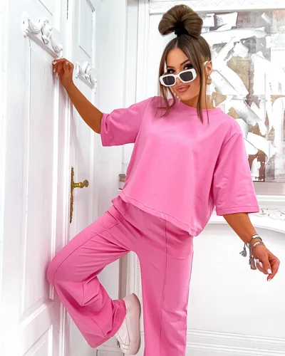 Royalfashion Жена памучен комплект с разкроени панталони