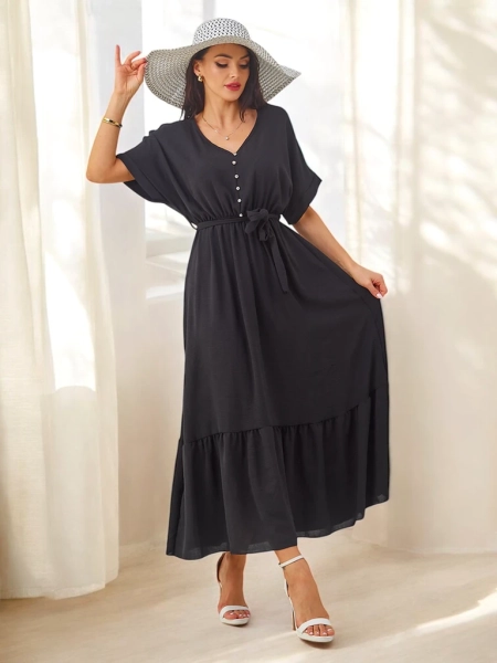 Royalfashion Женска миди рокля с къси ръкави и декоративни копчета