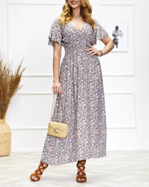 Дамска флорална миди рокля в синьо и оранжево - Облекло