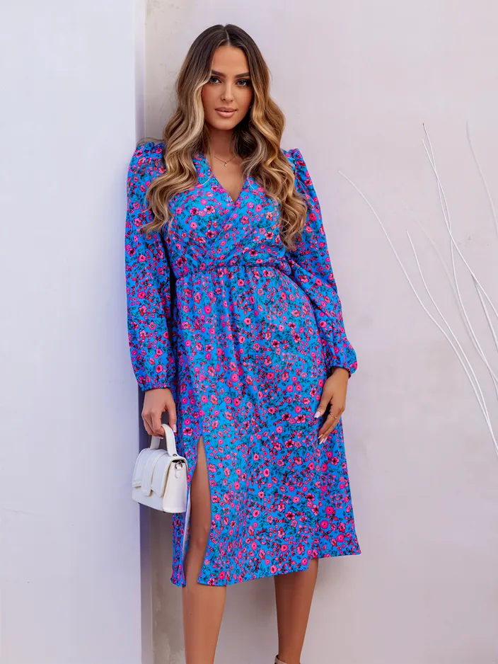 Рокля миди Royalfashion за жени с малки цветя, с дълбоко деколте и разрез.