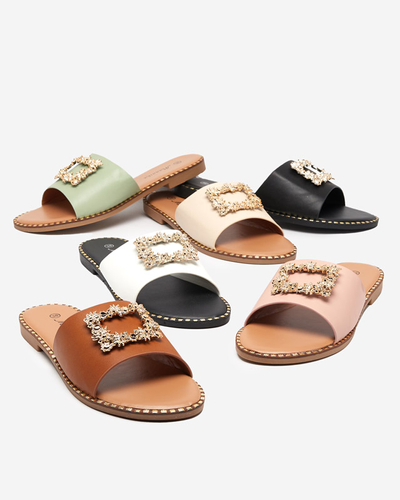 Zielone damskie eleganckie klapki ze złotą ozdobą Meriso - Obuwie