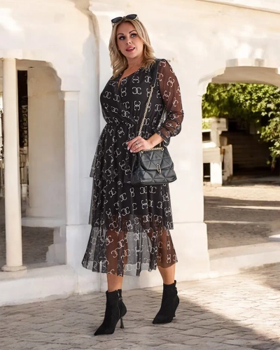 Royalfashion Черна мрежеста миди рокля с принт