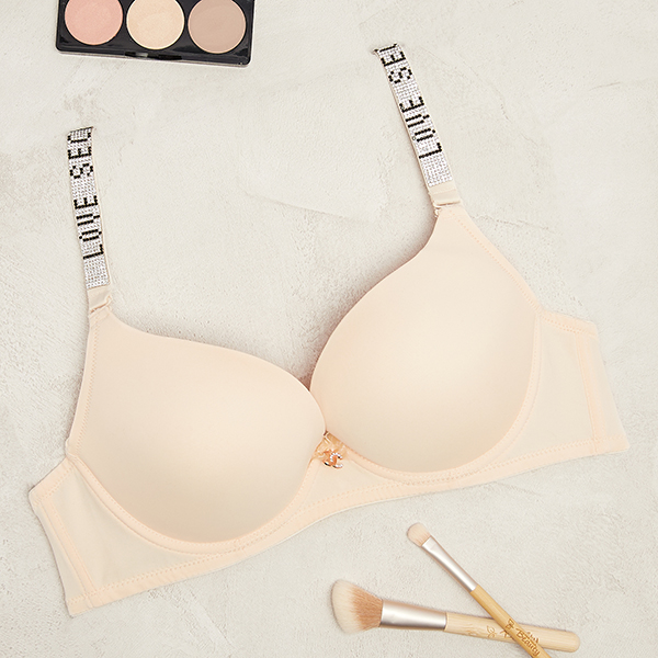 Бежов едноцветен сутиен с подплънки и украсени презрамки - Бельо