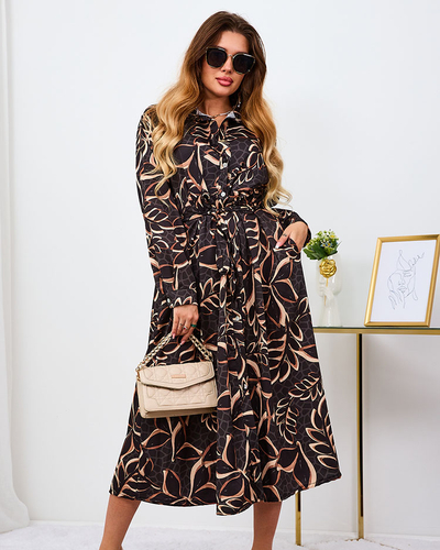 Royalfashion Черно-светлокафява шарена дамска макси рокля