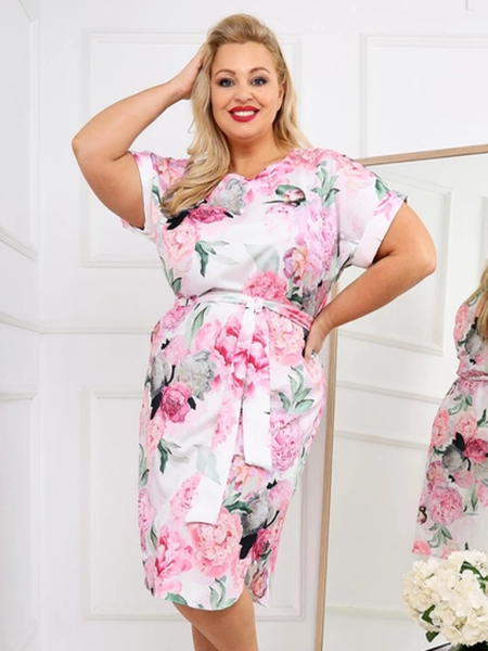 Royalfashion Женска рокля до коляното с къси ръкави и розова връзка