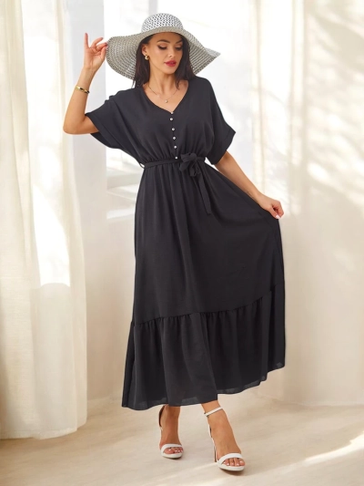 Royalfashion Женска миди рокля с къси ръкави и декоративни копчета