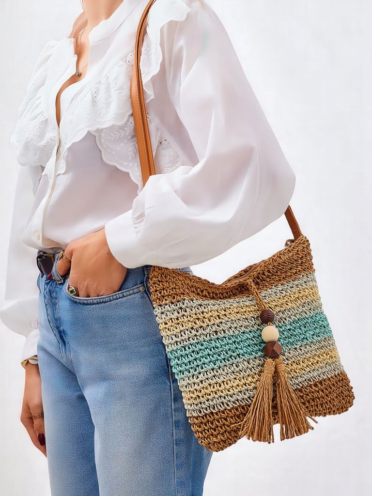 Royalfashion Малка сламена дамска чанта с райета, декоративен висулка Мини