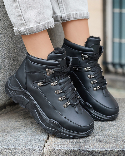 Czarne eko skórzane śniegowce Rueq- Obuwie