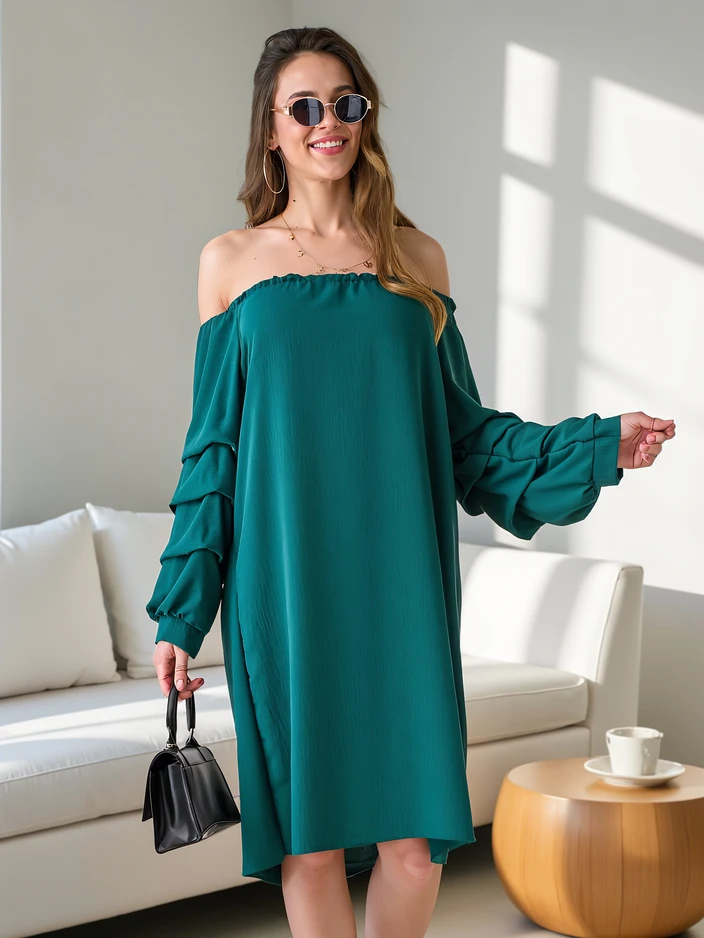 Royalfashion Гладка дамска рокля в испански стил с набори