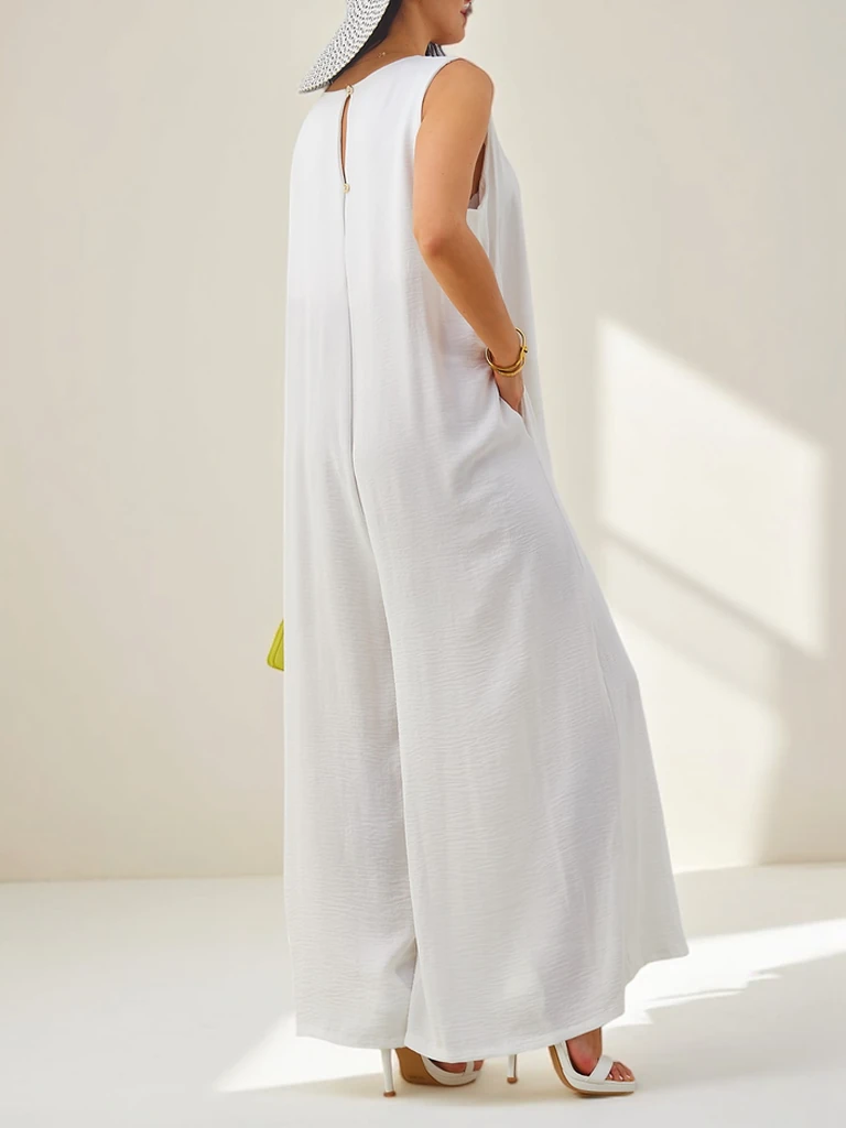 Artemisia Eleganza – бял дамски макси гащеризон от вискоза с презрамки