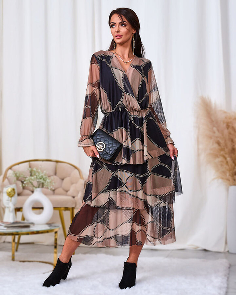 Royalfashion Черно-светлокафява мрежеста миди рокля с принт