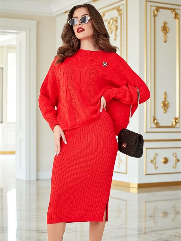 Royalfashion Акрилно плетено женско комплект с пуловер и пола Warm&Fuzzy