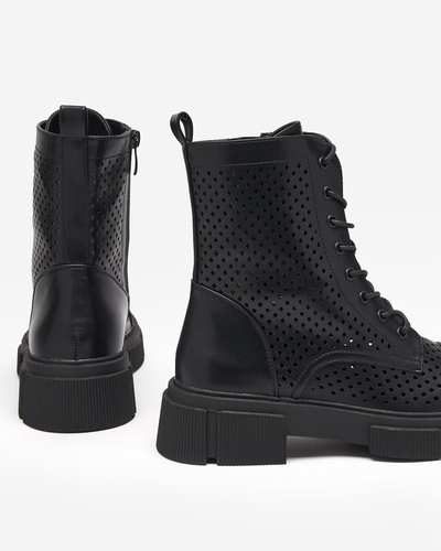 Дамски черни ажурени боти с плосък ток Rolika - Обувки