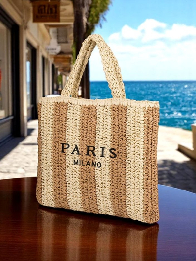 Royalfashion Голяма дамска чанта от слама, Сламени райета