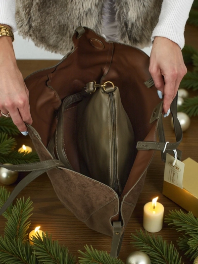 Дамска чанта shopper еко велурена с по-малка еко кожена в комплект 2в1 Elinea