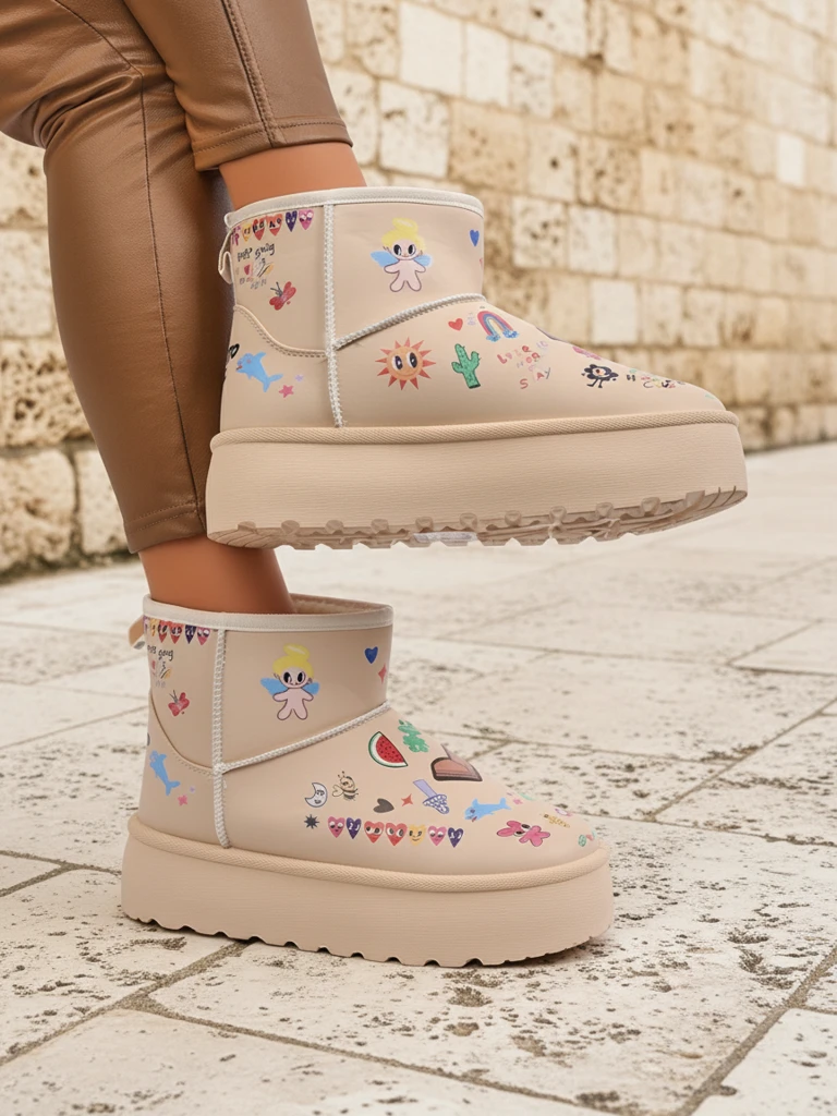 Топли обувки Callisto Angelico с детски рисунки на платформа, бежови