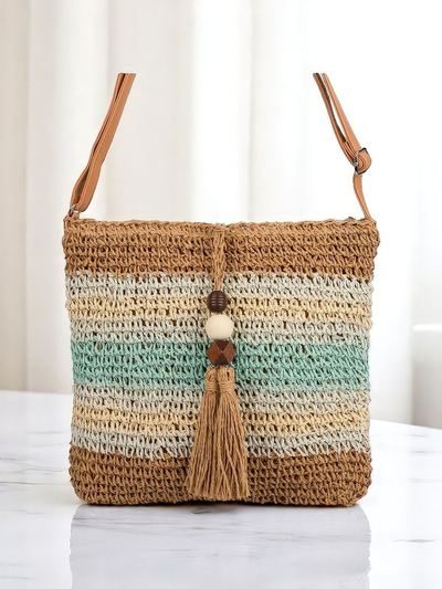 Royalfashion Малка сламена дамска чанта с райета, декоративен висулка Мини