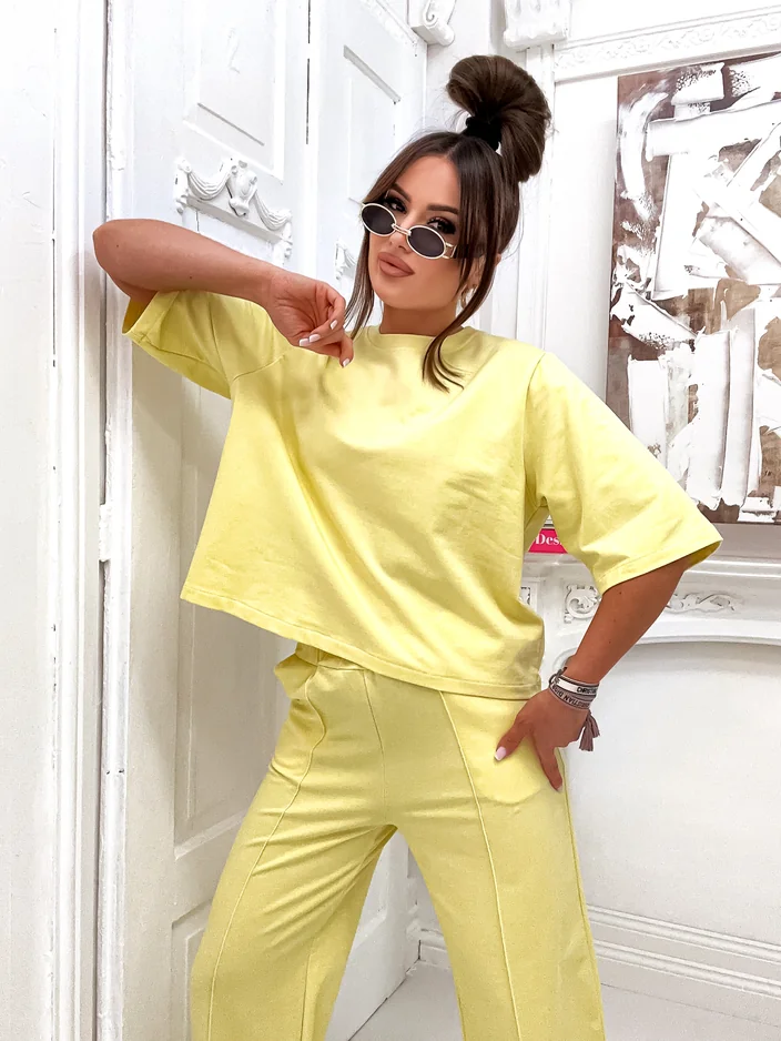 Royalfashion Женски памучен комплект с широки панталони