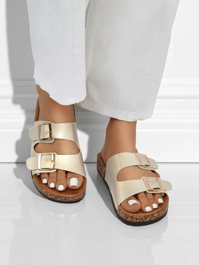 Дамски сандали Royalfashion Aurelia gold – плоски чехли от еко кожа (размер 39)