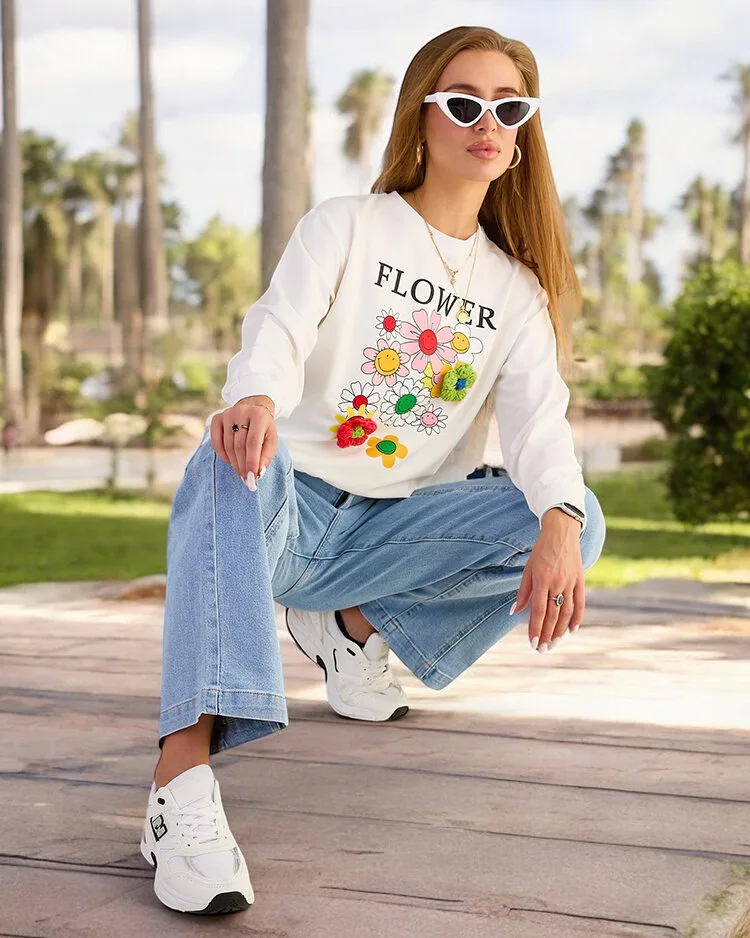 Royalfashion Дамски памучен суитшърт с тънък принт