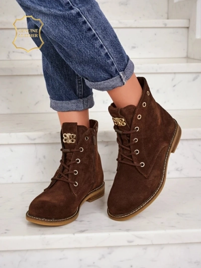 Дамски боти Aurelia Romano от естествен велур - кафяви, с пухкава подплата