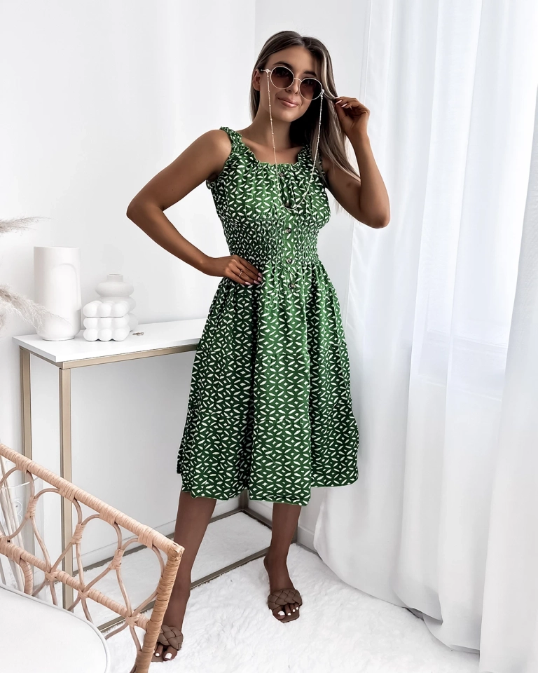 Дамска рокля с дължина до коляното и принт в тъмнозелено - Облекло