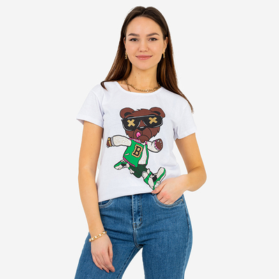 Damska biała koszulka z nadrukiem - Odzież 