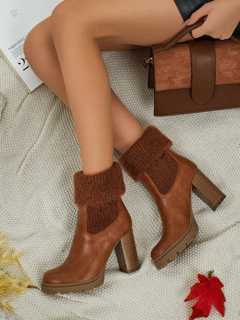 Дамски боти до глезена от еко кожа на ток с плетиво Tirave