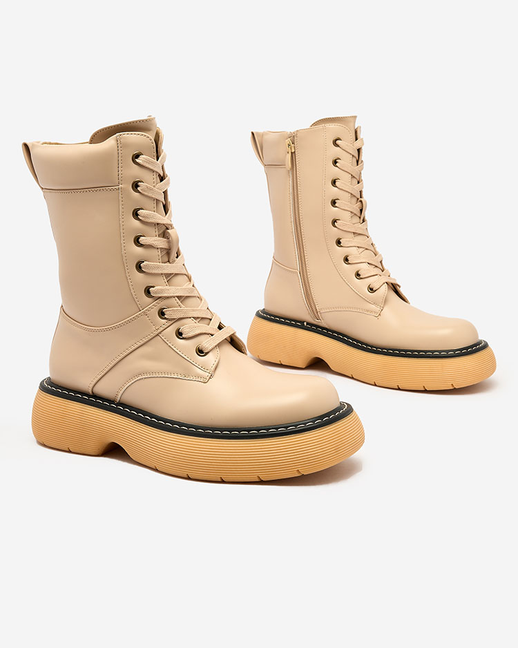 Royalfashion Бежови дамски ботуши с връзки на масивна подметка Diret