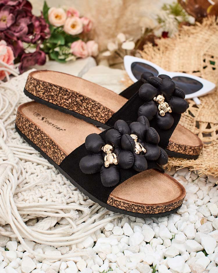 Royalfashion Дамски джапанки със златни мечета и цветя Isaralle