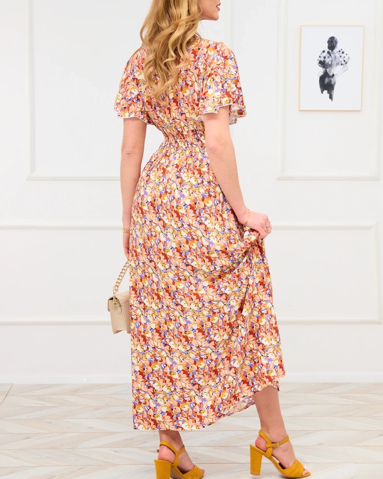 Светлокафява дамска макси рокля с флорални мотиви - Облекло