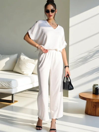 Royalfashion Дамски стильен комплект с блуза с къс ръкав и широки панталони